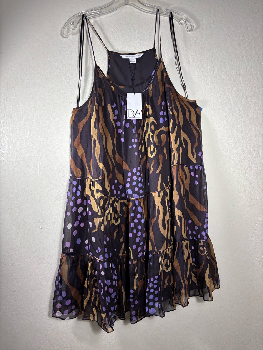 Diane Von Furstenberg Black Brown and Purple Printed Tiered Slip Dress